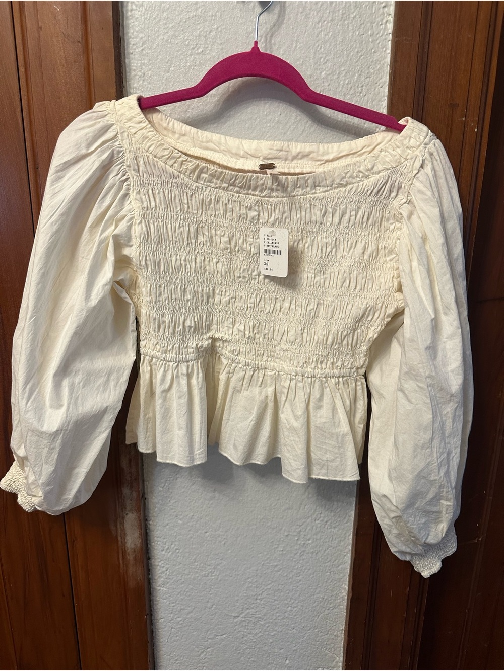 Free People Cream Smocked Peplum Blouse